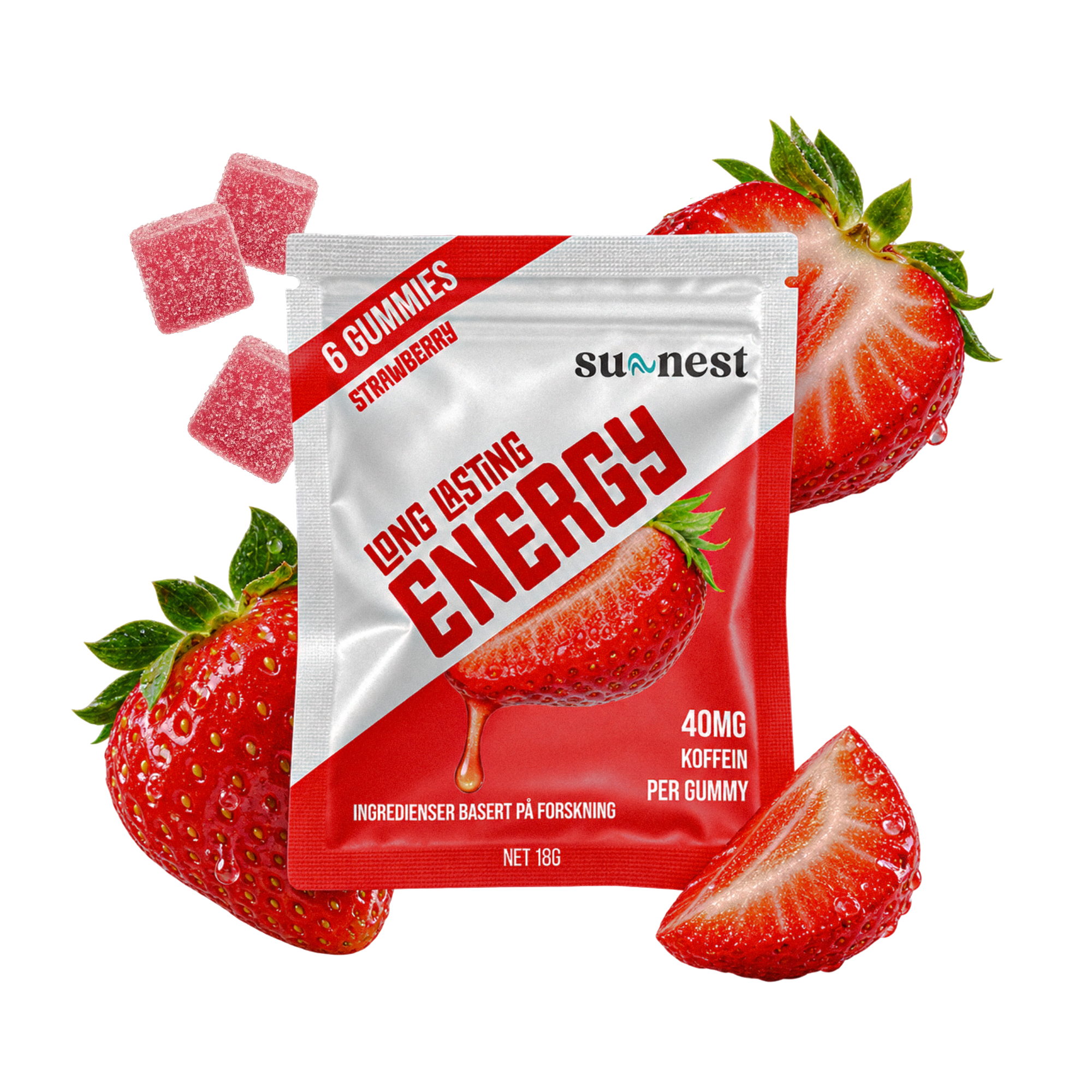 Energy Gummies Jordbær 6 Poser, Jordbær 12 Poser, Jordbær 24 Poser – pose