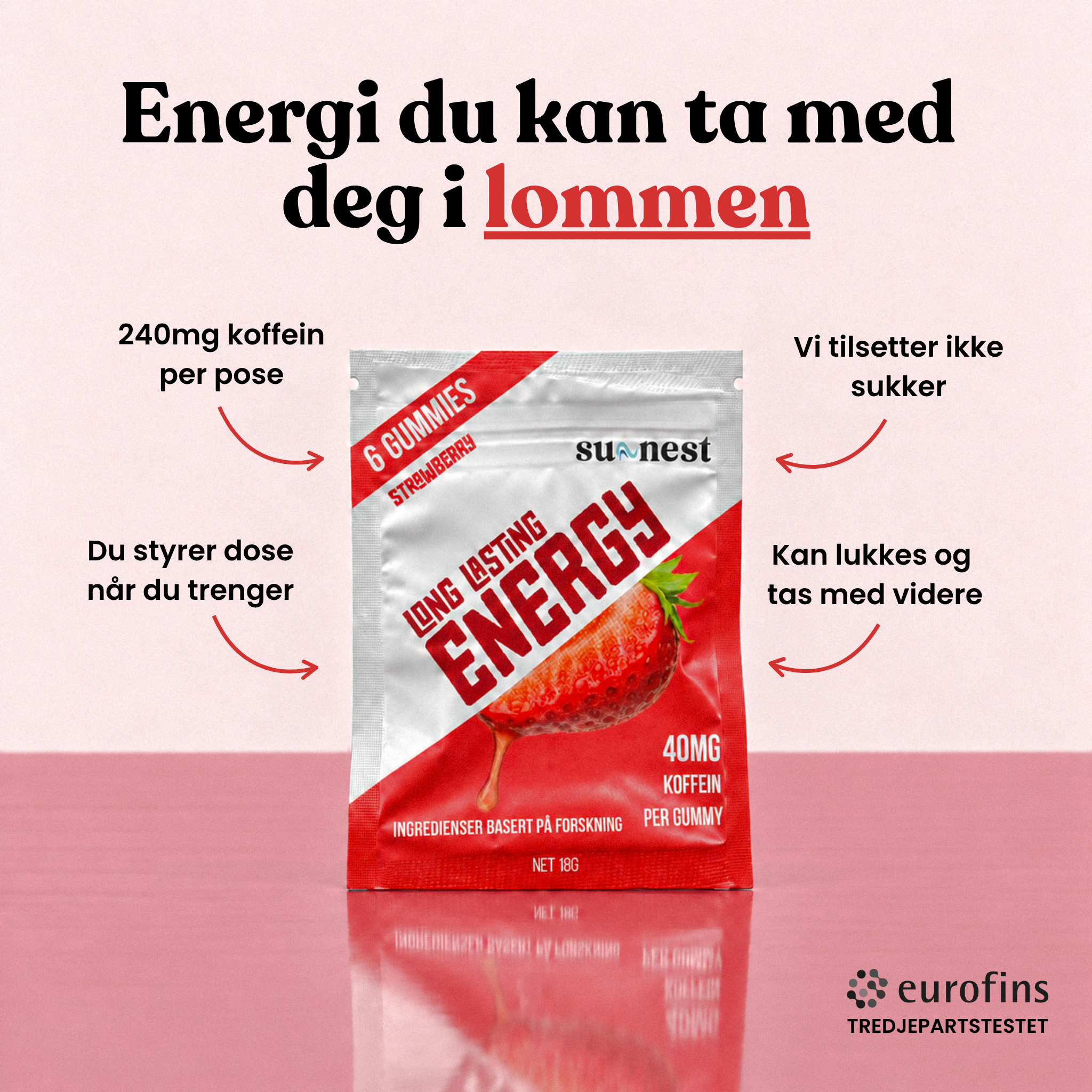 Energy Gummies Jordbær 6 Poser, Jordbær 12 Poser, Jordbær 24 Poser – produktbilde