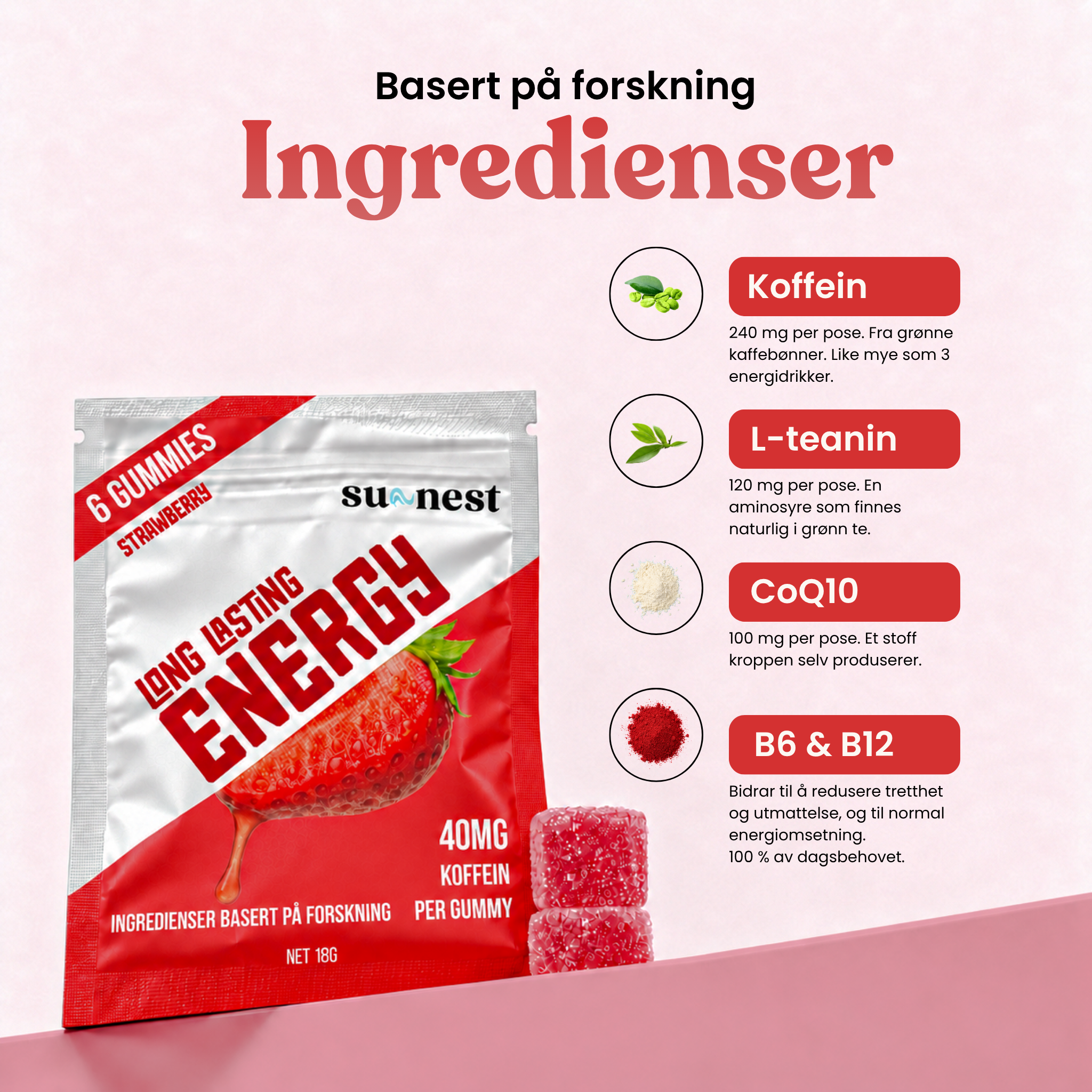 Energy Gummies Jordbær 6 Poser, Jordbær 12 Poser, Jordbær 24 Poser – ingredienser